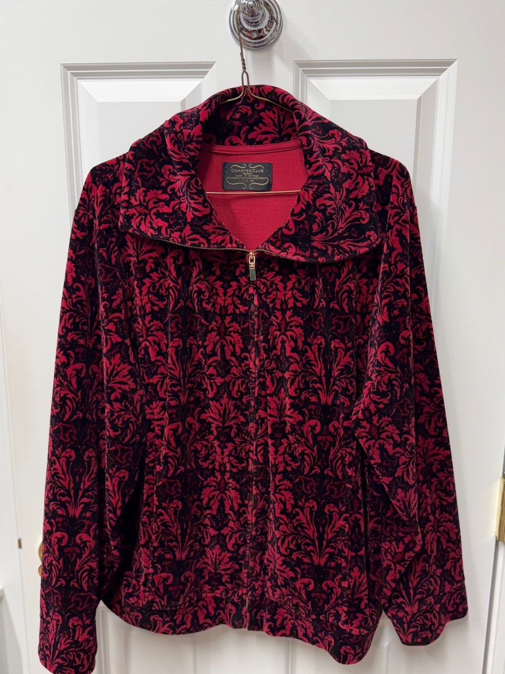Charter Club 2X Red Black Damask Velour Zip Jacket Baroque EUC